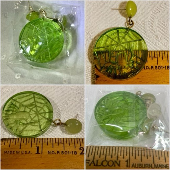 Rare Corday Spider Web Halloween Clear Green Lucite Pierced Post Earrings NWOT - Picture 2 of 15